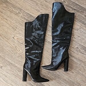 Croc-Embossed Black Over-the-Knee Boots with Block Heel